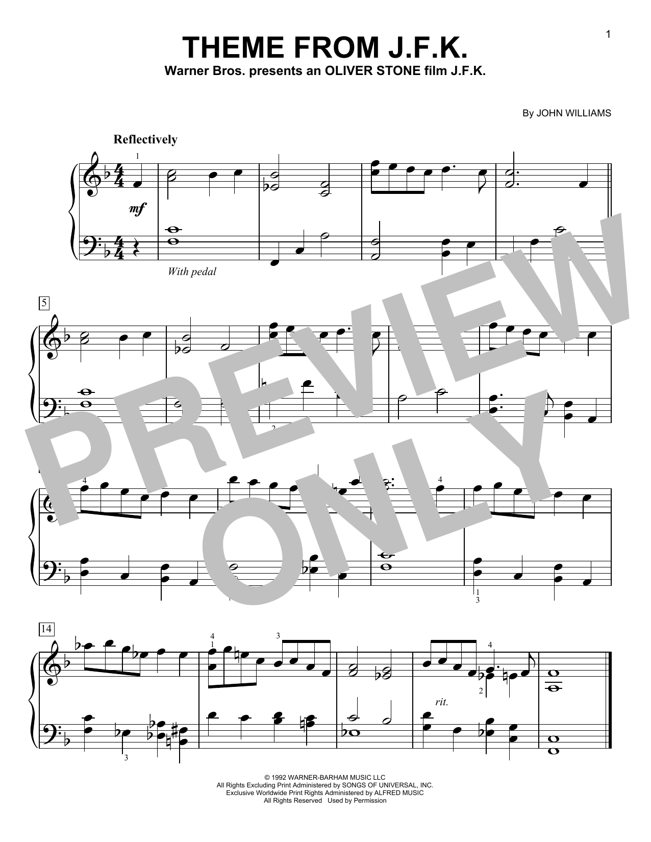 Download John Williams Theme From J.F.K. Sheet Music