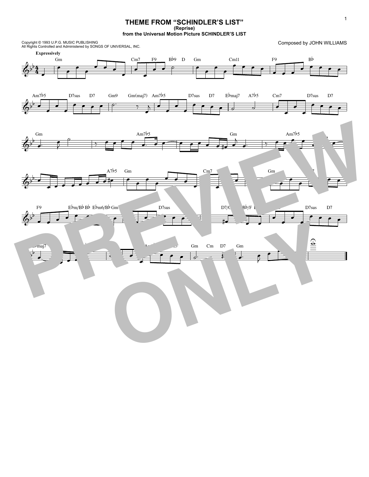 Download John Williams Theme From Schindler's List (Reprise) Sheet Music