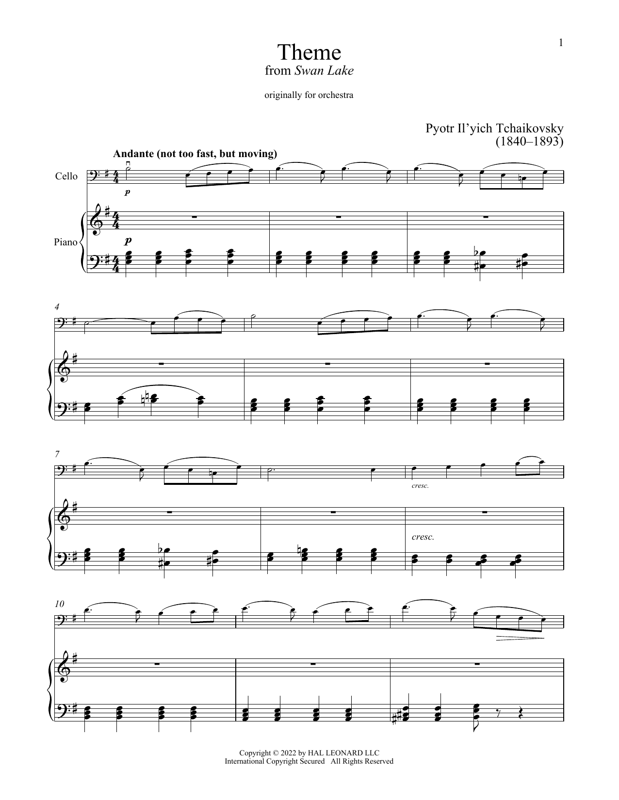 Download Pyotr Il'yich Tchaikovsky Theme From Swan Lake Sheet Music