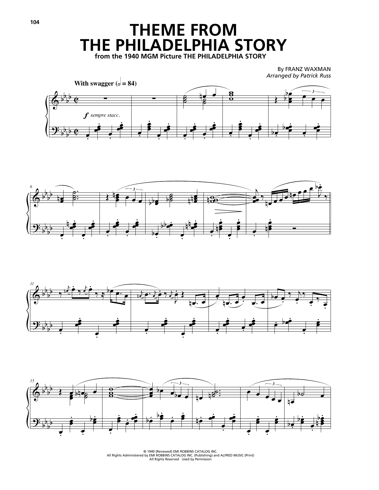 Download Franz Waxman Theme From The Philadelphia Story Sheet Music