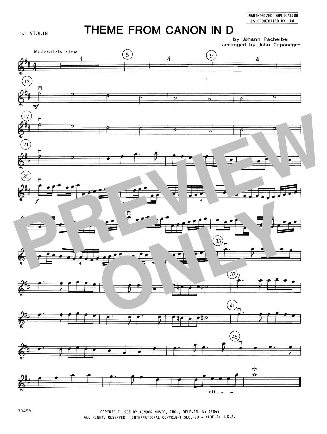 Download John Caponegro Theme From Canon In D - 1st Violin Sheet Music