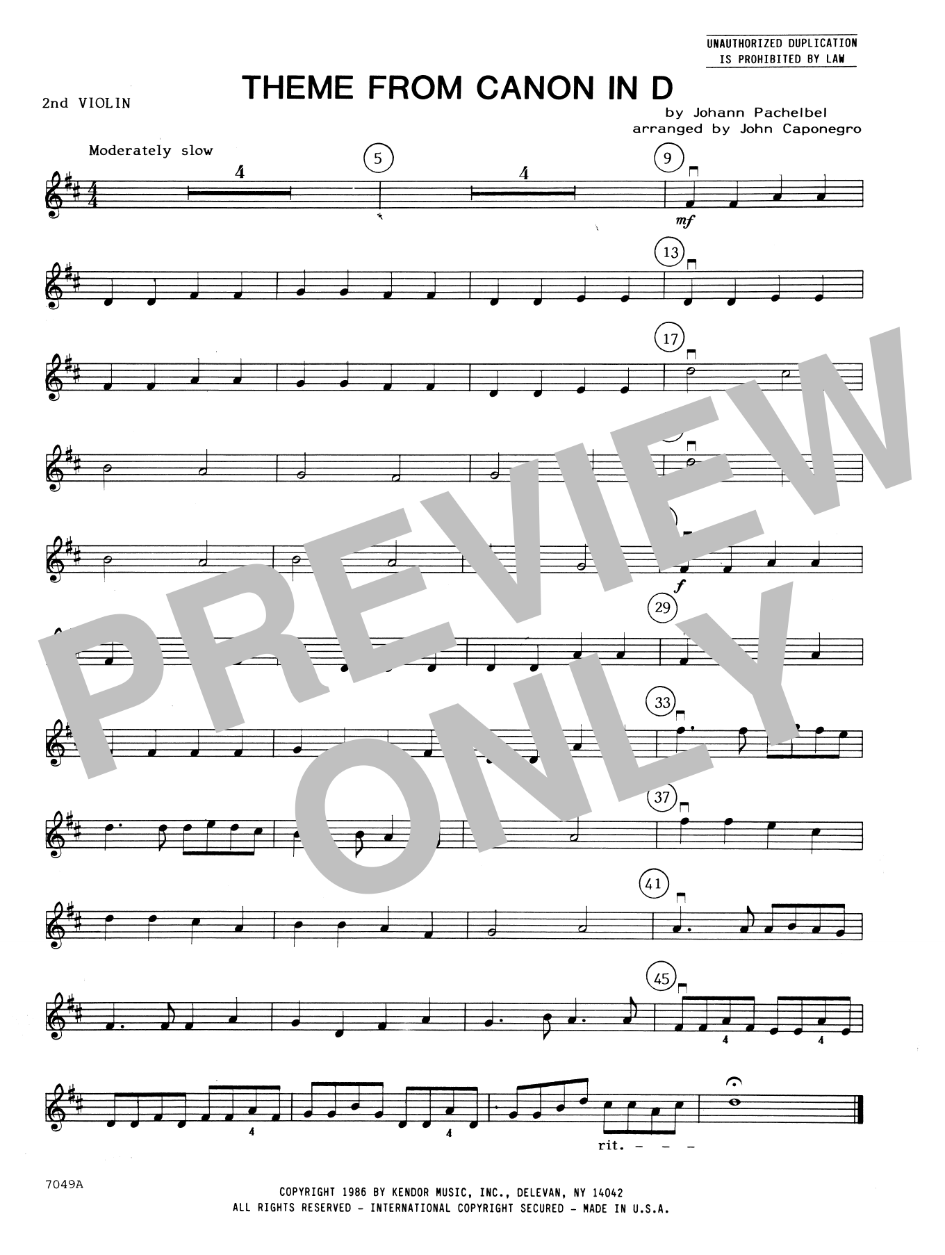 Download John Caponegro Theme From Canon In D - 2nd Violin Sheet Music