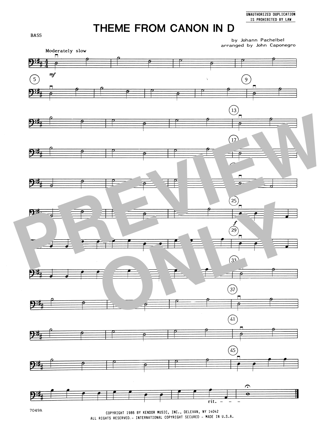 Download John Caponegro Theme From Canon In D - Bass Sheet Music