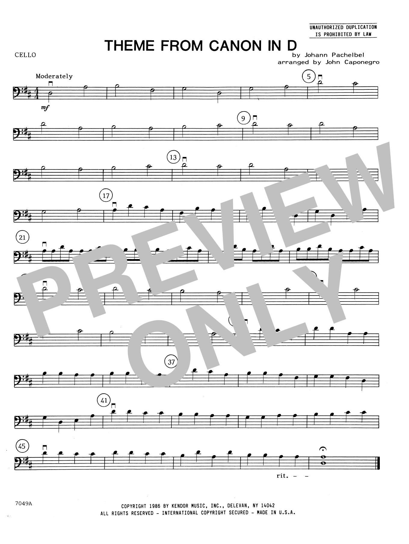 Download John Caponegro Theme From Canon In D - Cello Sheet Music