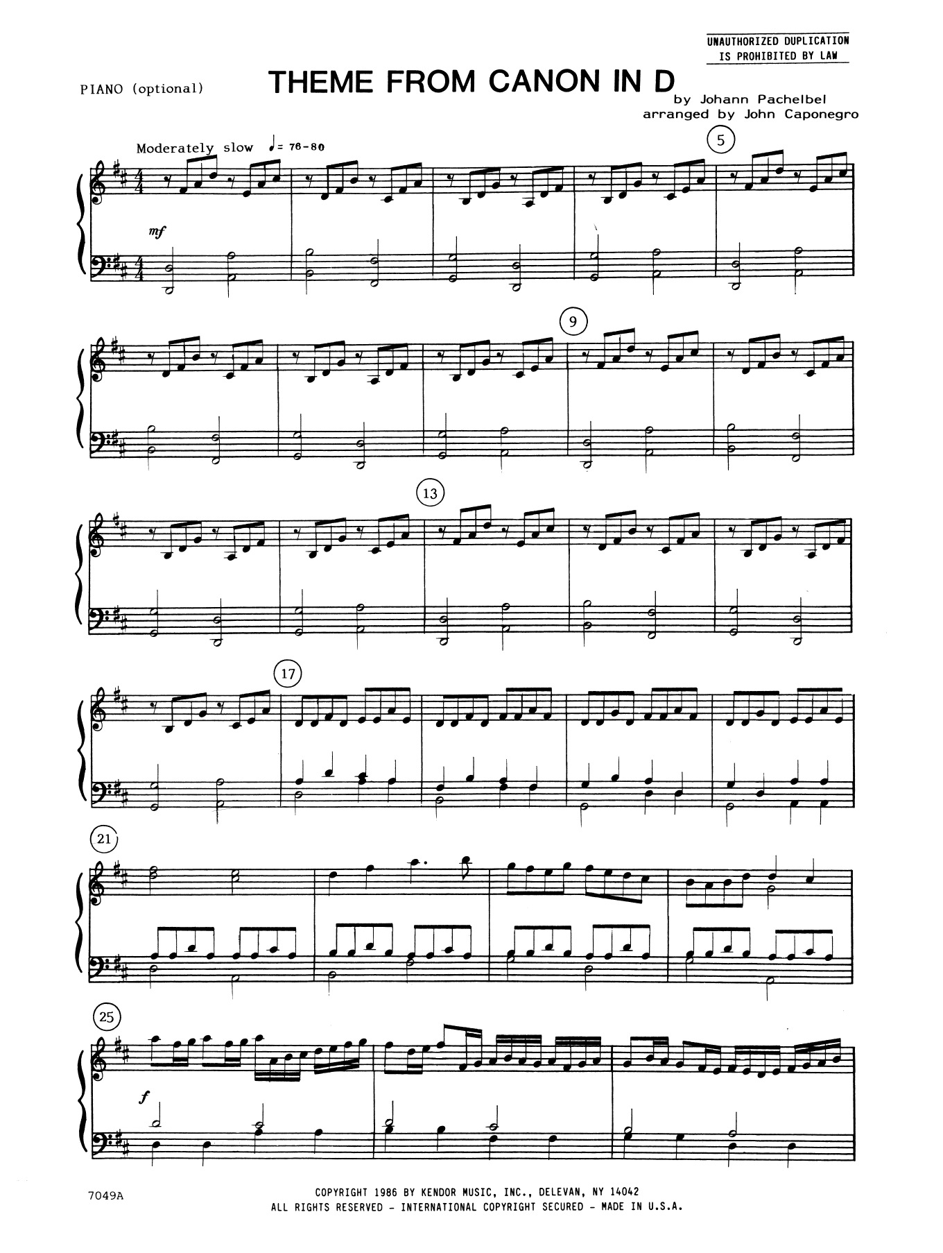 Download John Caponegro Theme From Canon In D - Piano Accompani Sheet Music