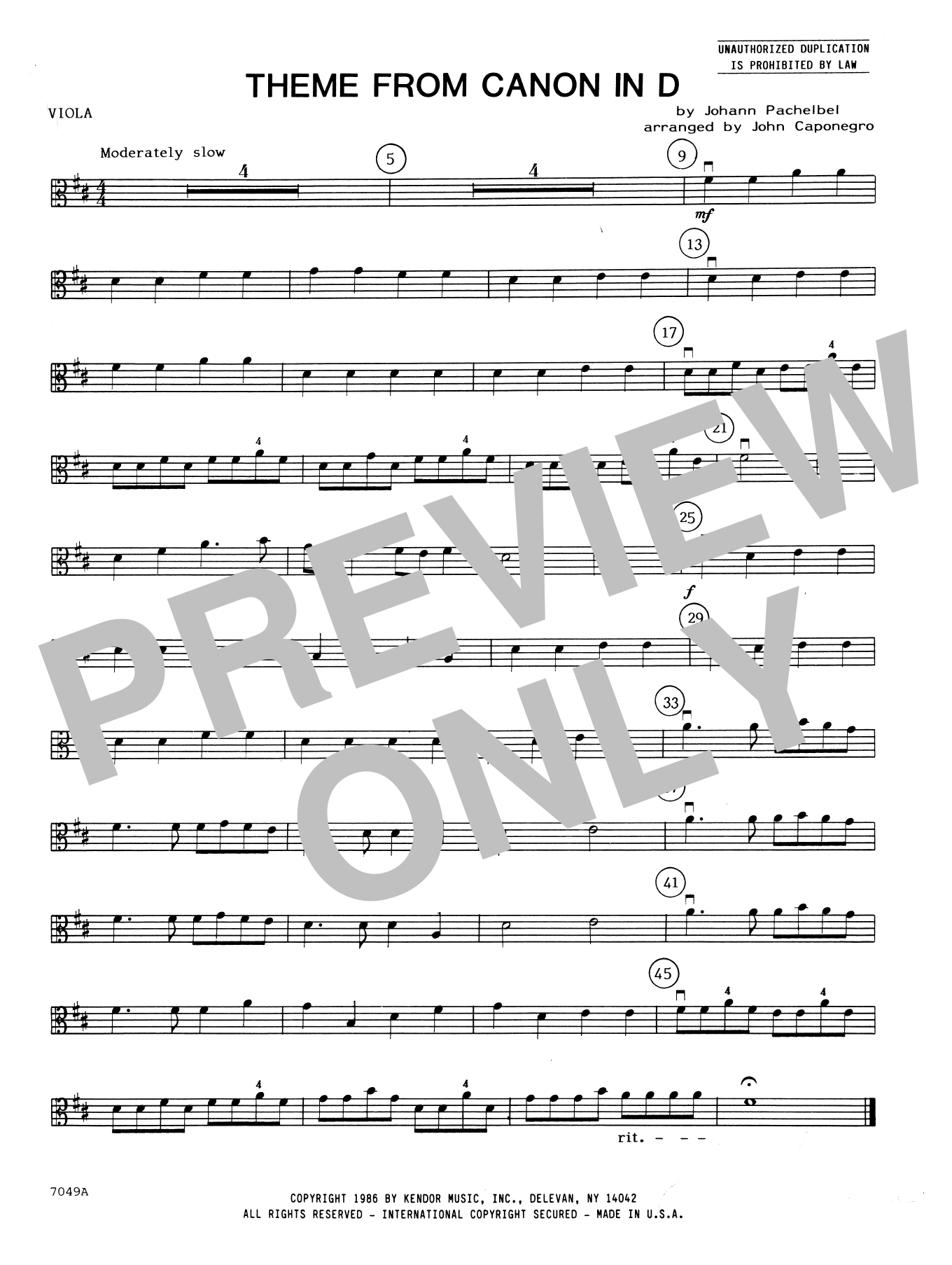 Download John Caponegro Theme From Canon In D - Viola Sheet Music