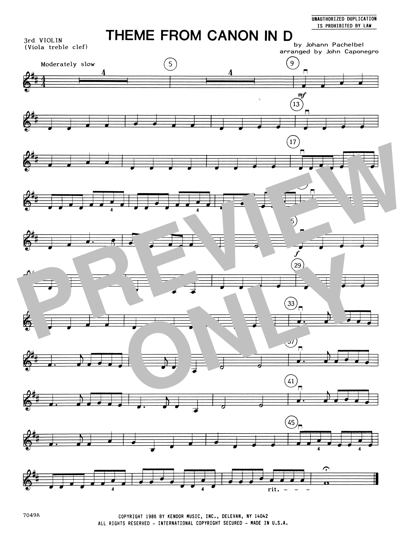 Download John Caponegro Theme From Canon In D - Violin 3 (Viola Sheet Music