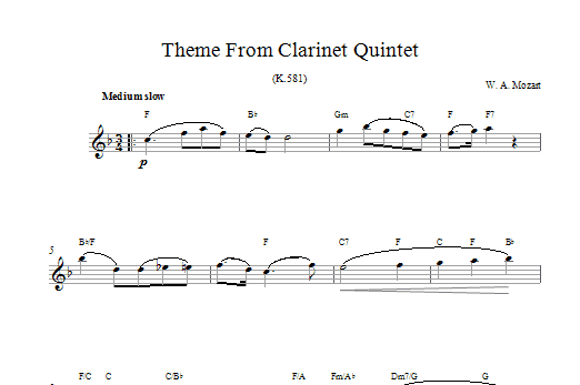 Download Wolfgang Amadeus Mozart Theme From Clarinet Quintet, K581 Sheet Music