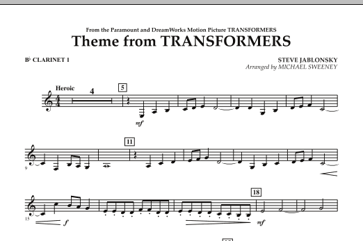 Download Michael Sweeney Theme From Transformers - Bb Clarinet 1 Sheet Music