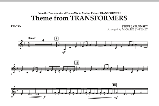 Download Michael Sweeney Theme From Transformers - F Horn Sheet Music