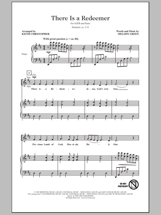 Download Keith Christopher There Is A Redeemer Sheet Music