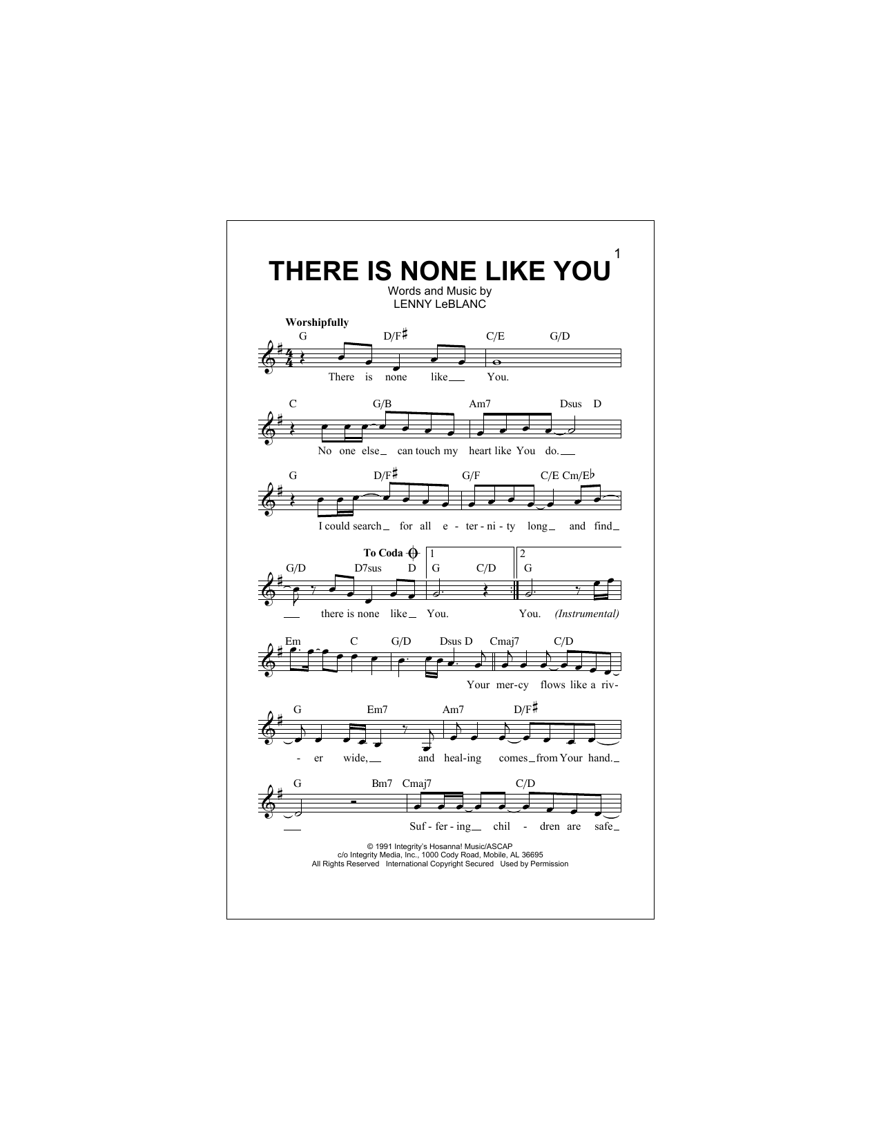 Download Lenny LeBlanc There Is None Like You Sheet Music