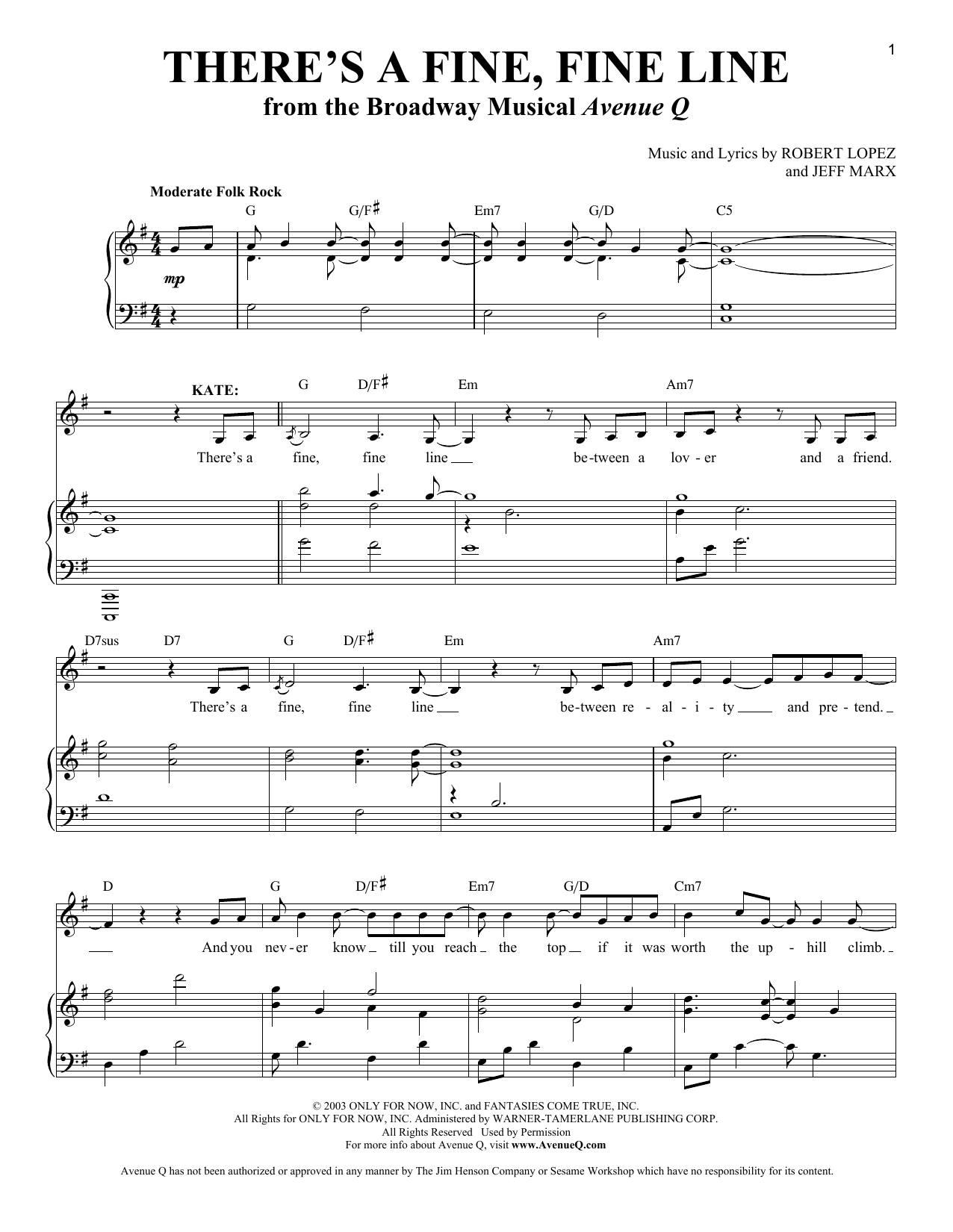 Download Robert Lopez & Jeff Marx There's A Fine, Fine Line (from Avenue Sheet Music