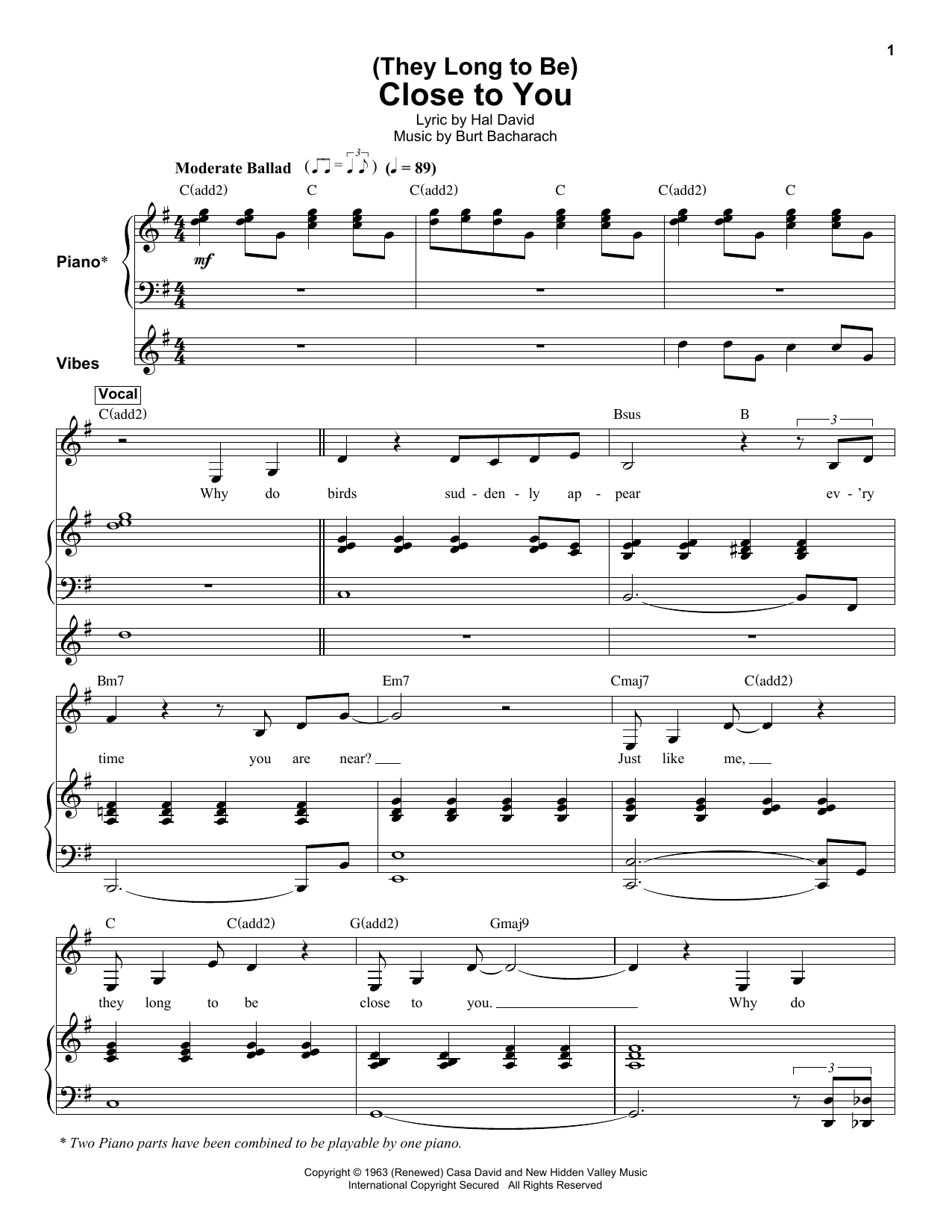 Download Burt Bacharach (They Long To Be) Close To You Sheet Music
