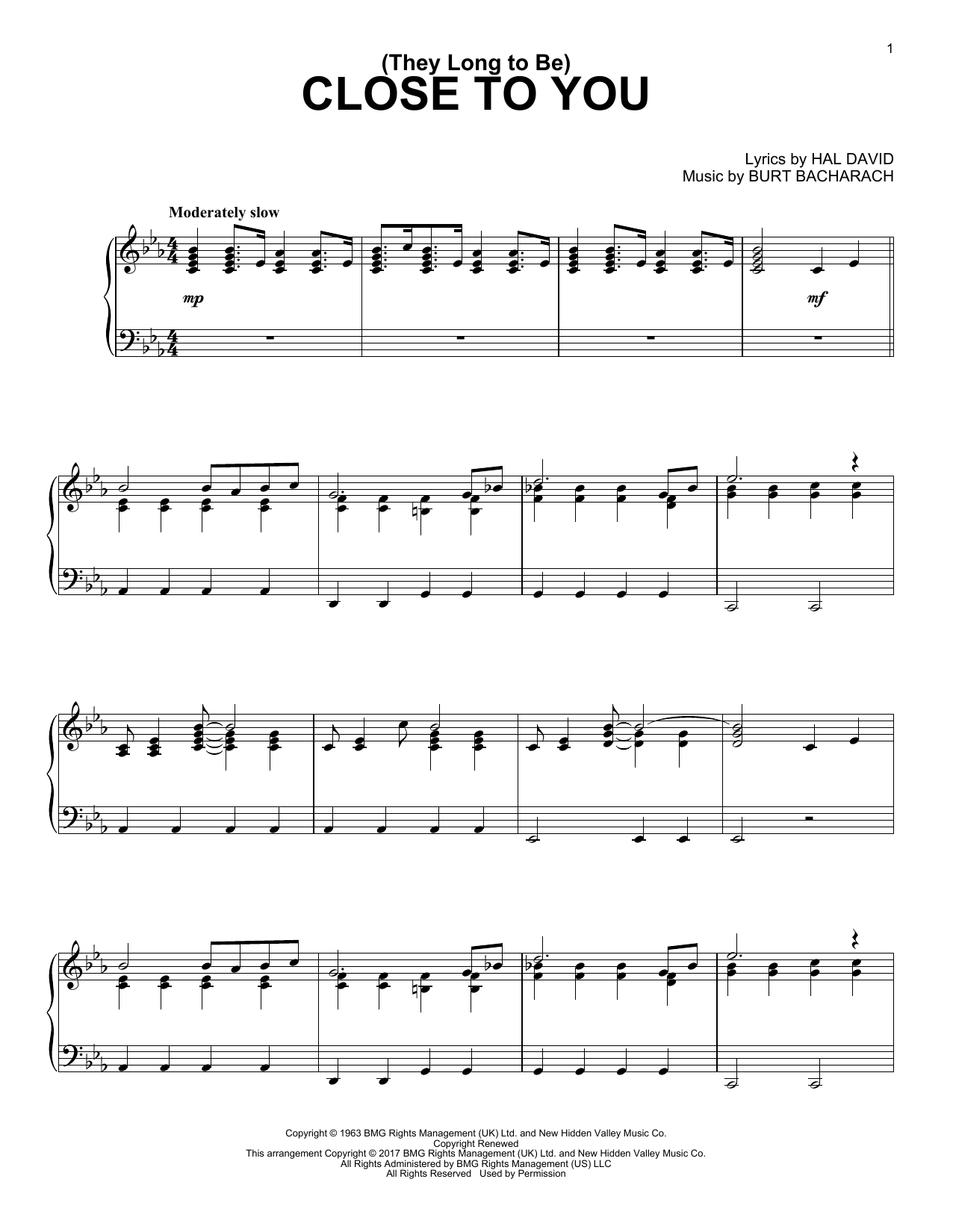 Download Burt Bacharach (They Long To Be) Close To You Sheet Music