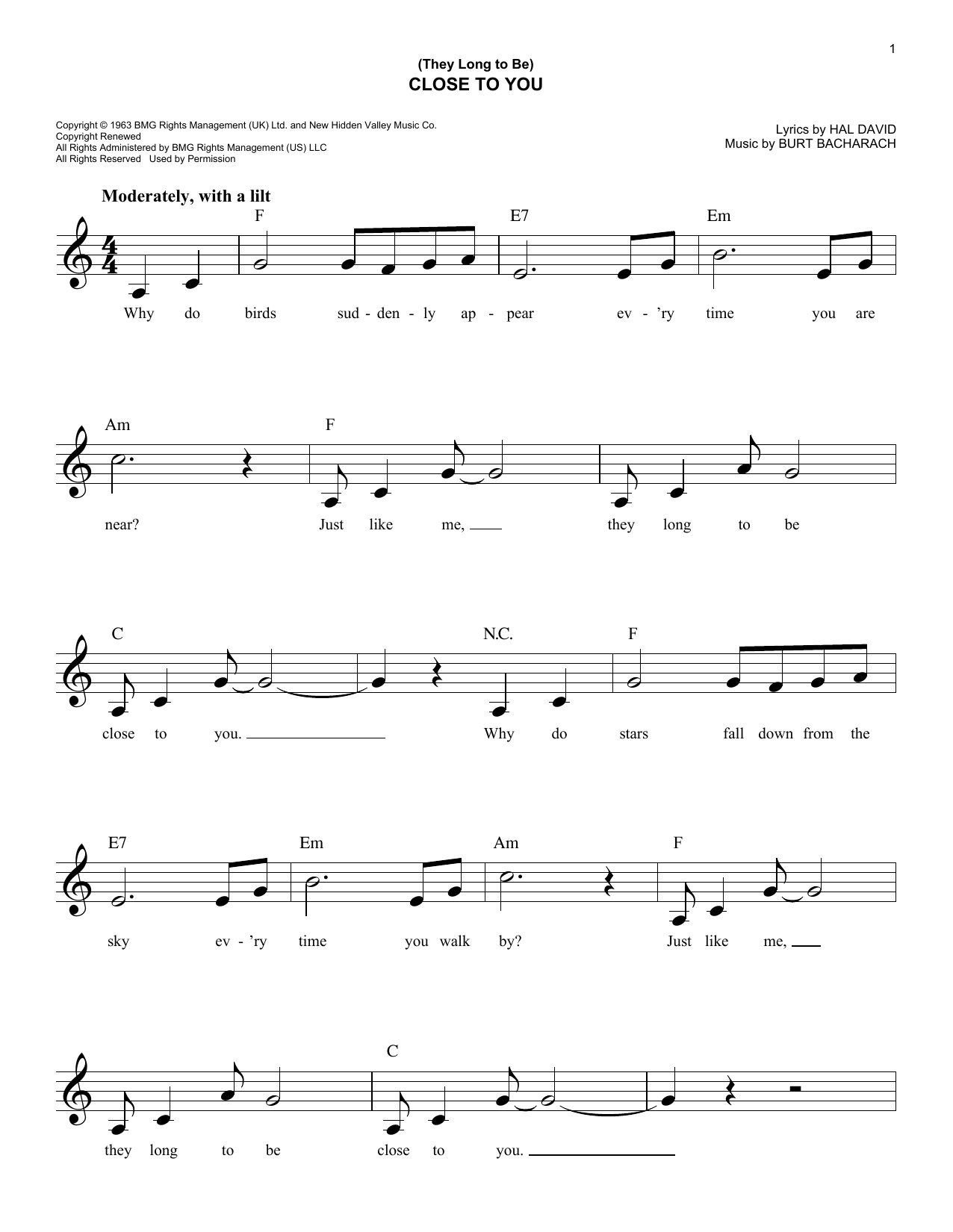 Download Carpenters (They Long To Be) Close To You Sheet Music