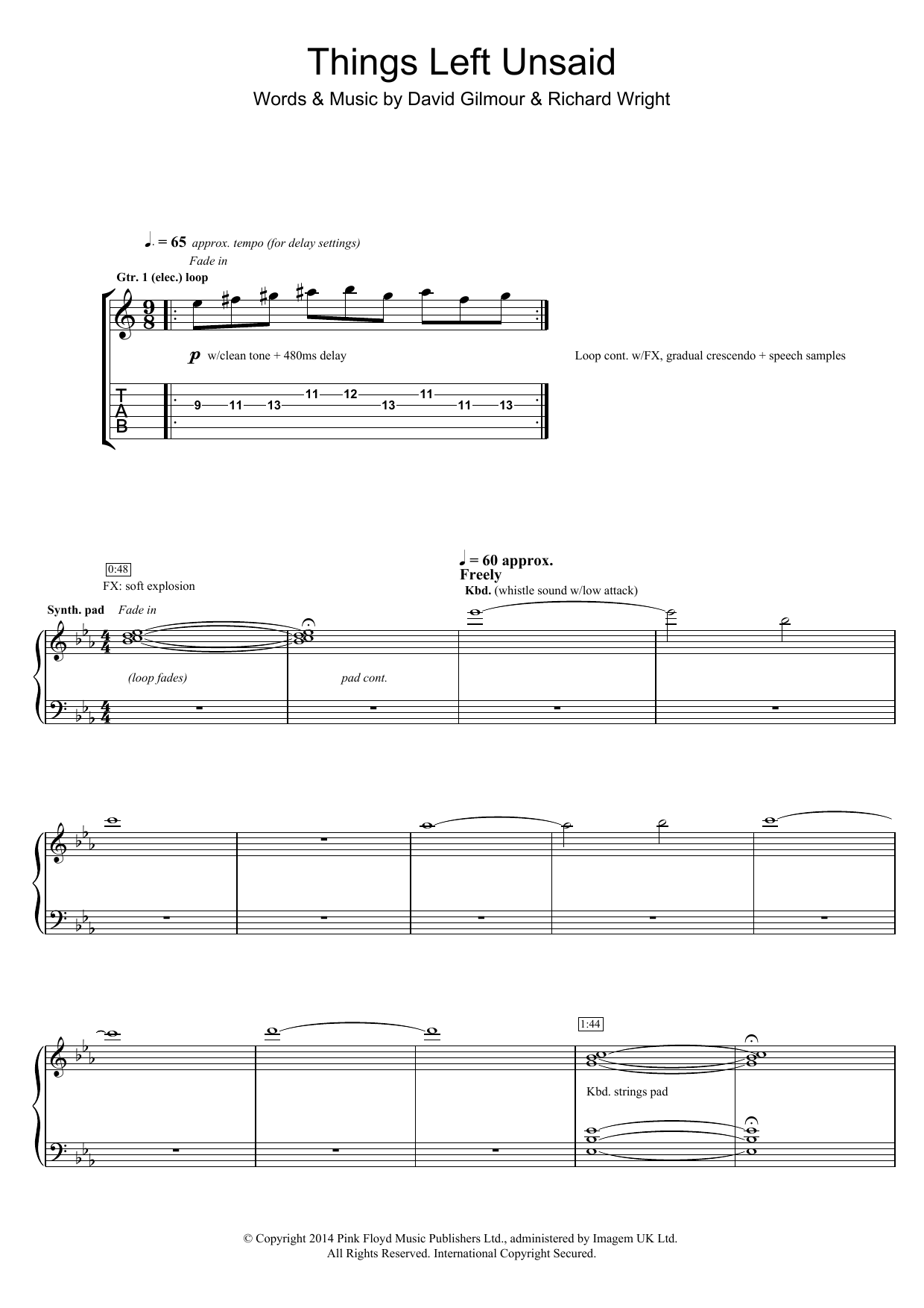 Download Pink Floyd Things Left Unsaid Sheet Music