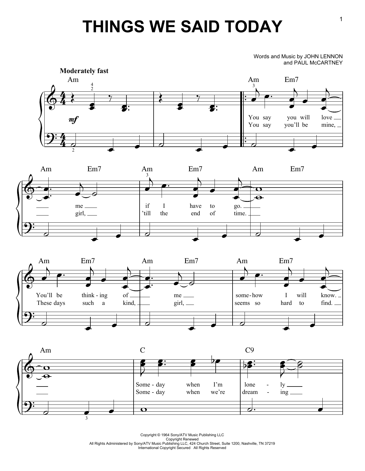 Download The Beatles Things We Said Today Sheet Music