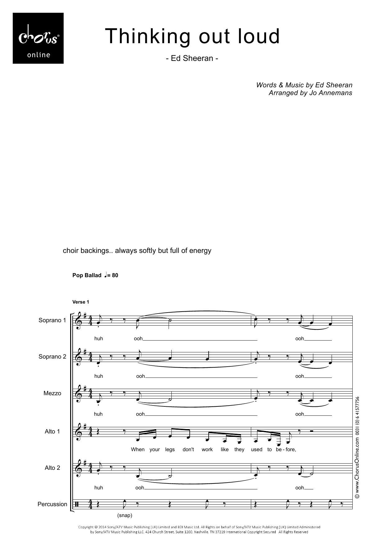 Ed Sheeran Thinking Out Loud (arr. Jo Annemans) sheet music notes printable PDF score