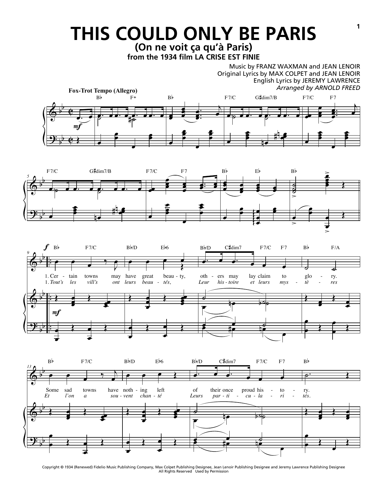 Download Franz Waxman This Could Only Be Paris (On ne voit ç Sheet Music