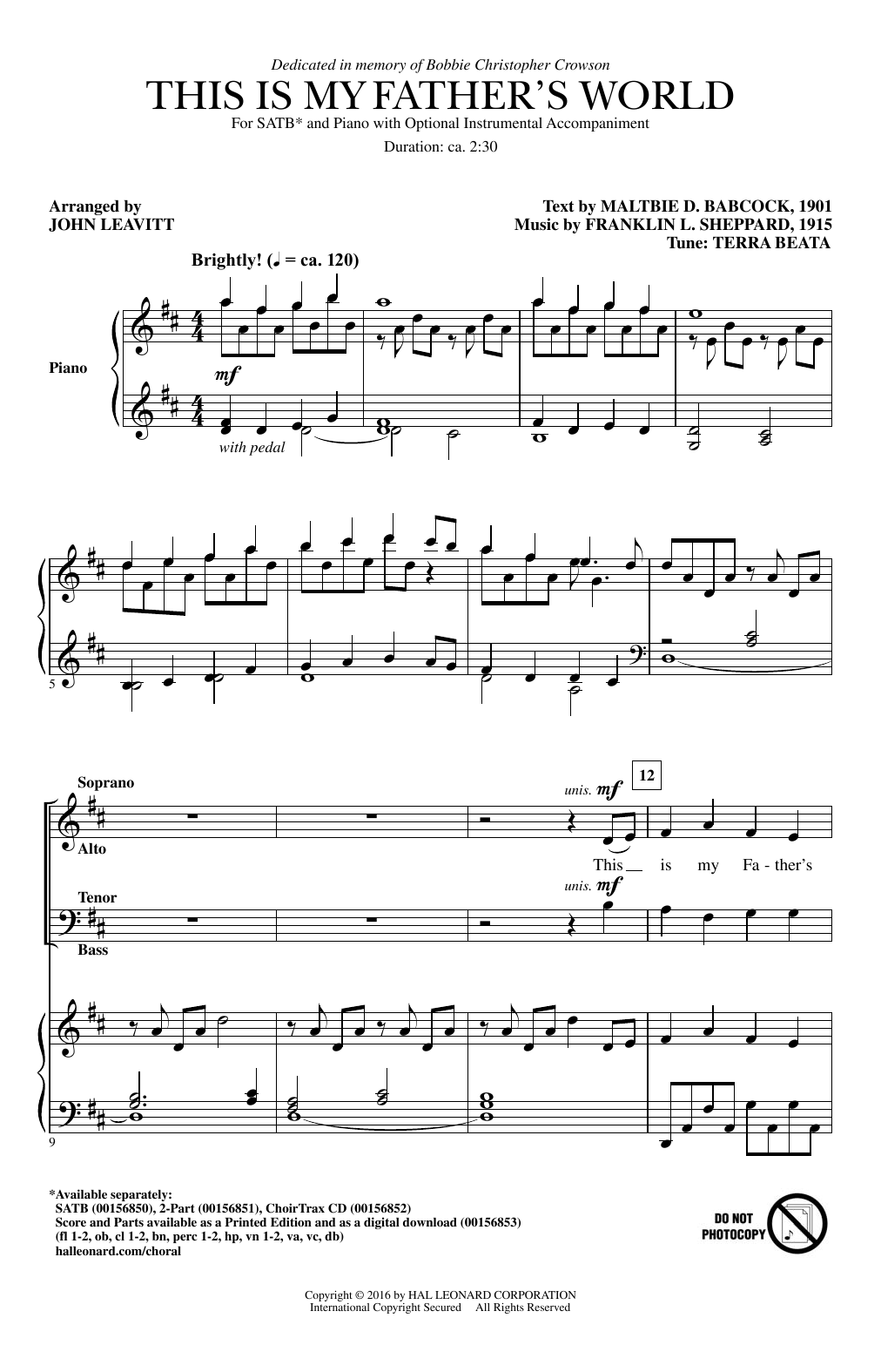 Download John Leavitt This Is My Father's World Sheet Music