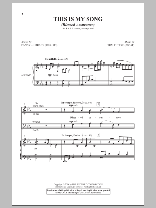 Download Tom Fettke This Is My Song (Blessed Assurance) Sheet Music