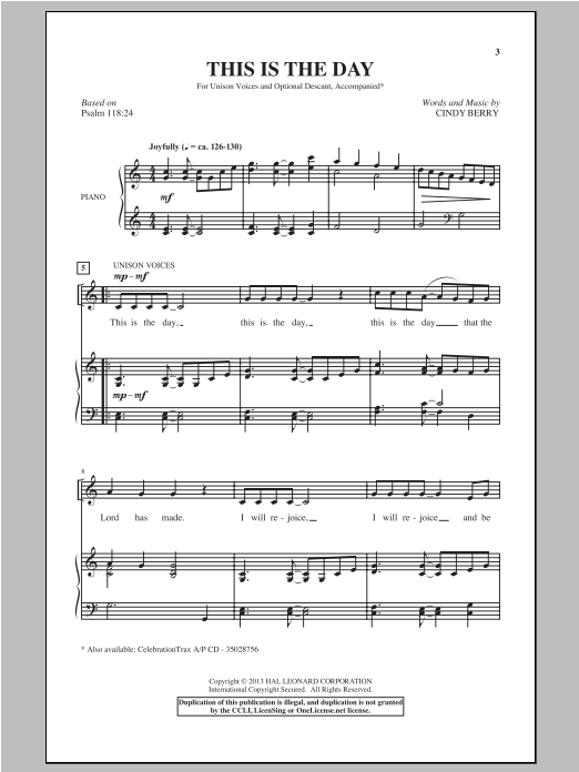 Download Cindy Berry This Is The Day Sheet Music
