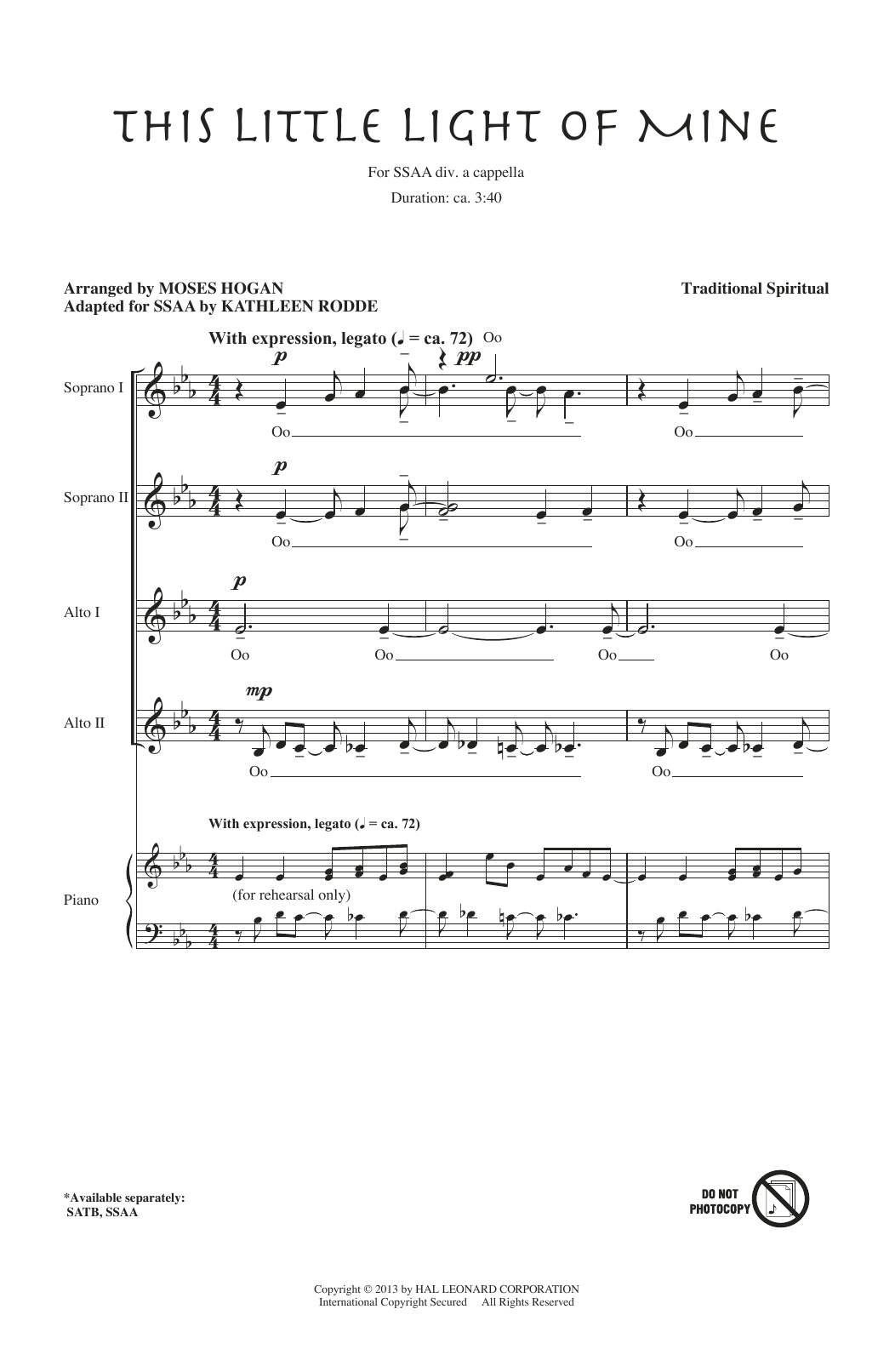 Download African-American Spiritual This Little Light Of Mine (arr. Moses H Sheet Music