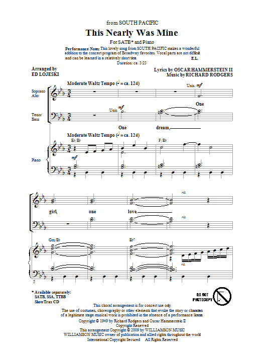 Download Ed Lojeski This Nearly Was Mine (from South Pacifi Sheet Music