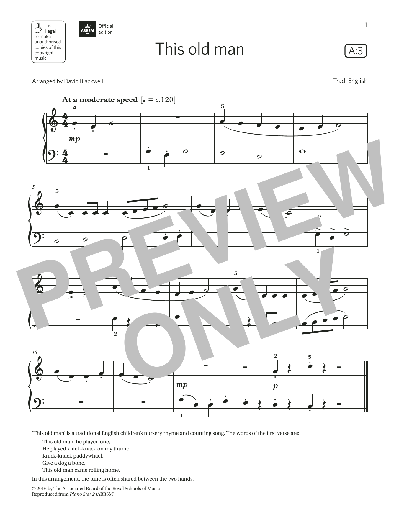 Download Trad. English This old man (Grade Initial, list A3, f Sheet Music