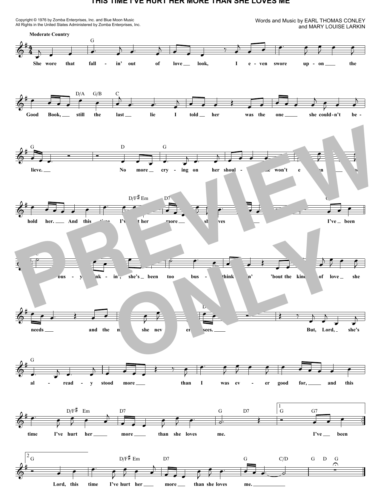 Download Conway Twitty This Time I've Hurt Her More Than She L Sheet Music