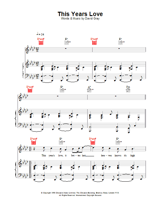 David Gray This Year's Love sheet music notes printable PDF score
