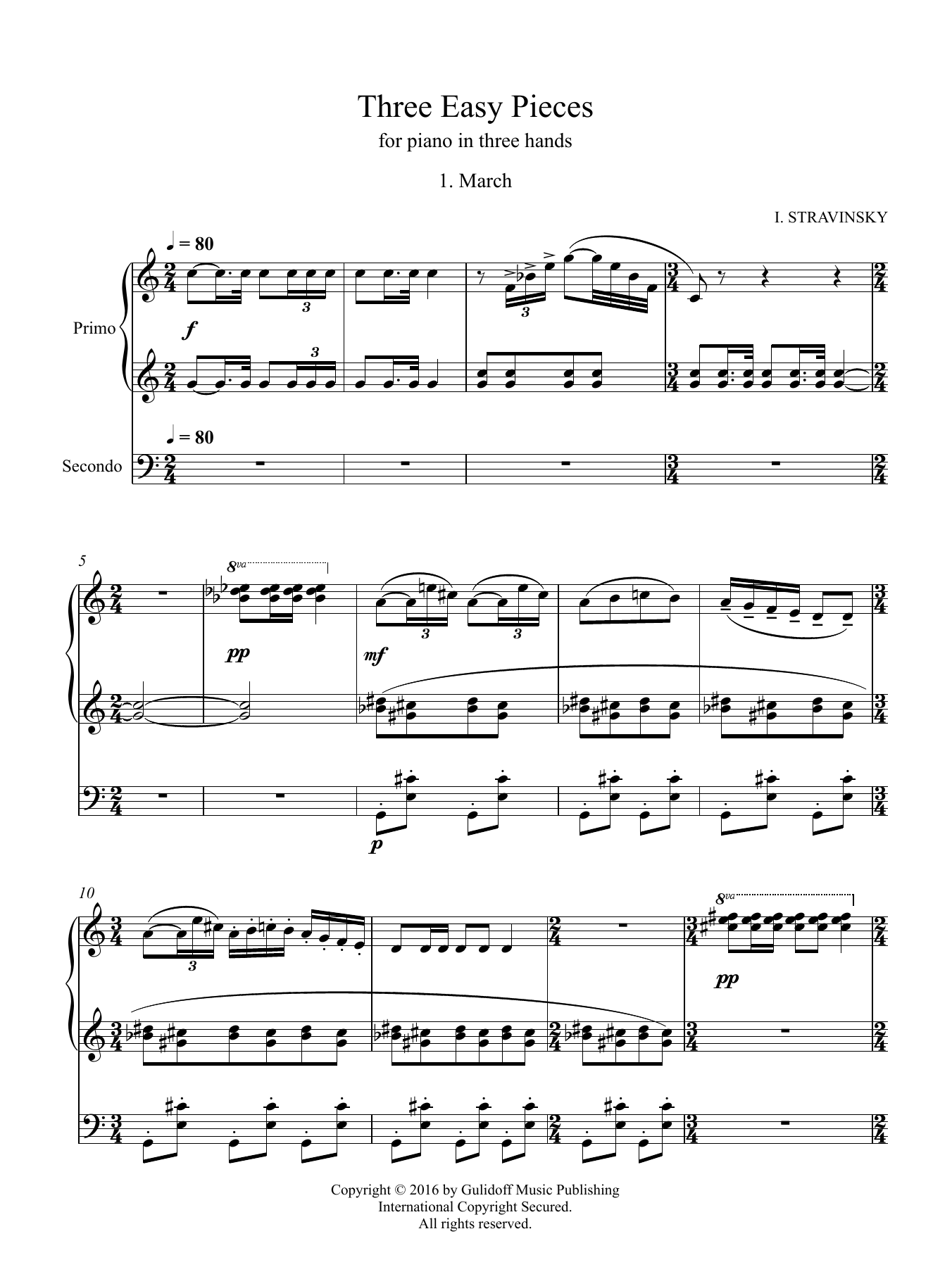 Download Igor Stravinsky Three Easy Pieces for piano in three ha Sheet Music