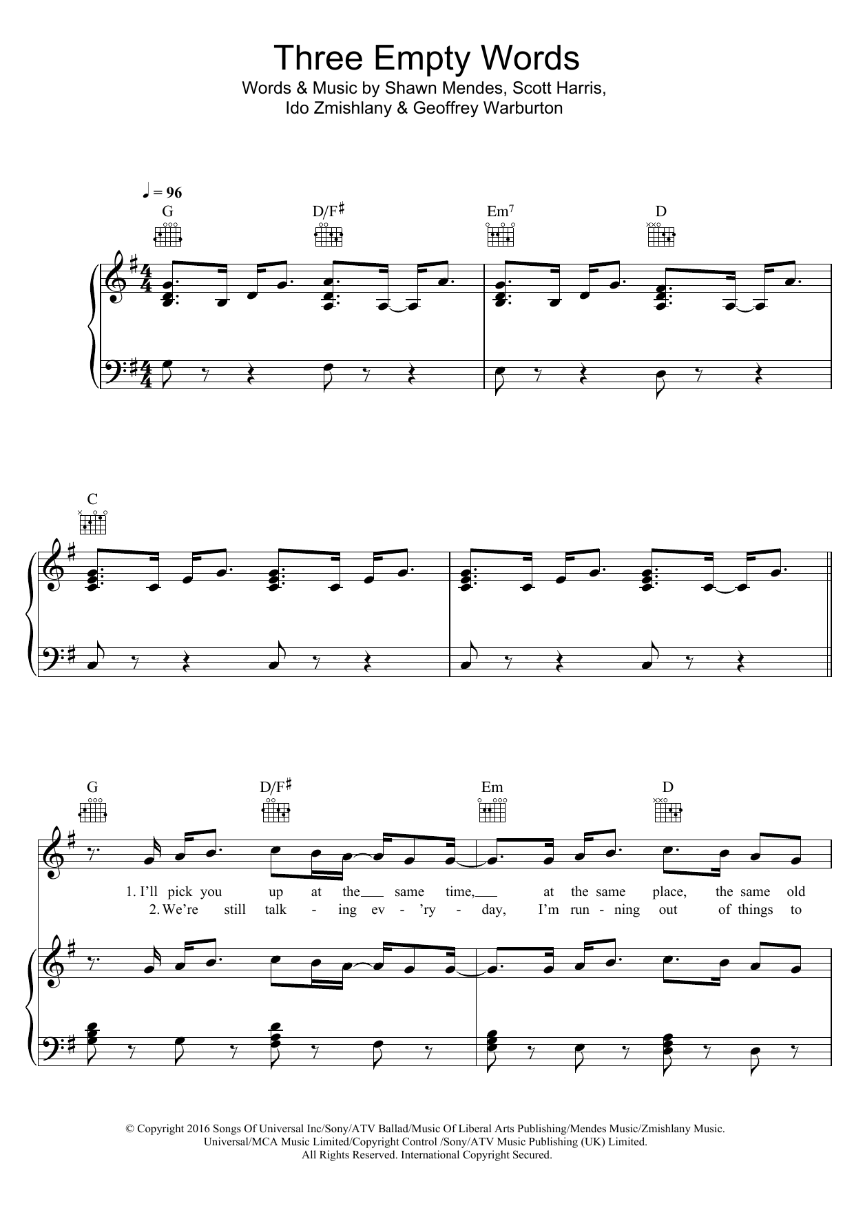 Download Shawn Mendes Three Empty Words Sheet Music