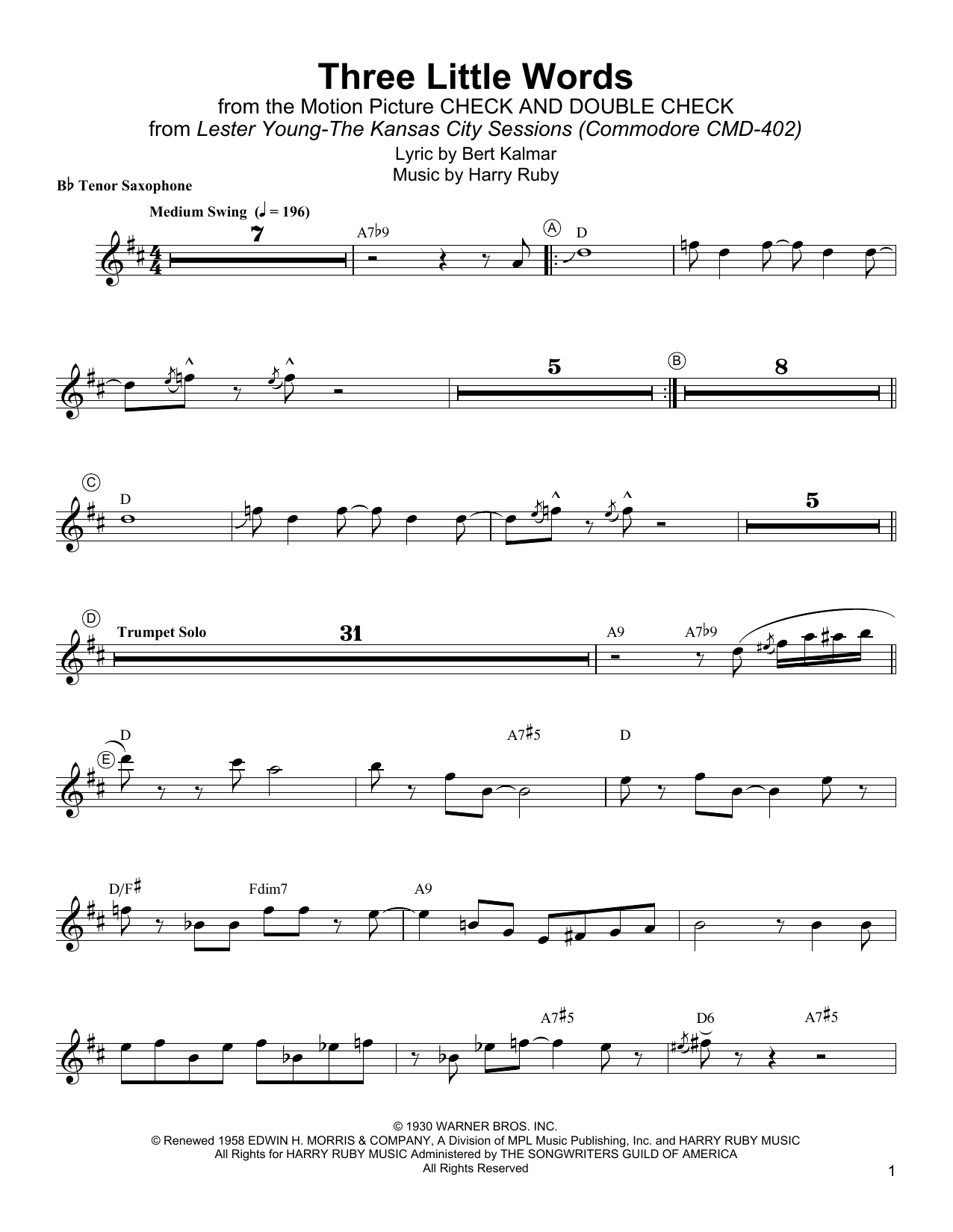 Download Lester Young Three Little Words Sheet Music