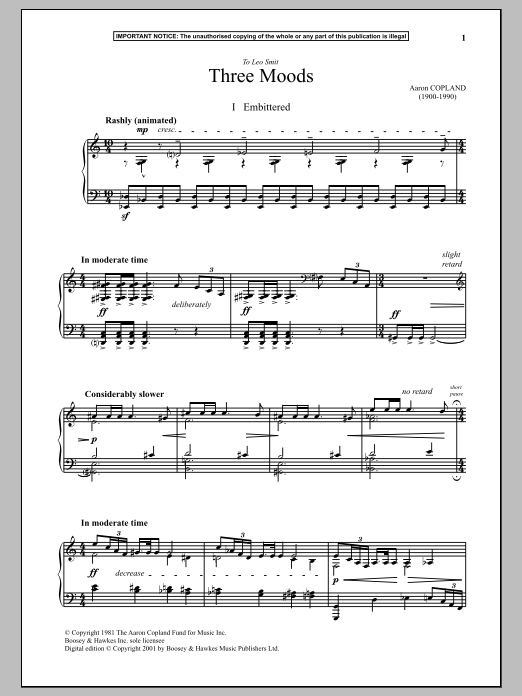 Download Aaron Copland Three Moods (Embittered) Sheet Music