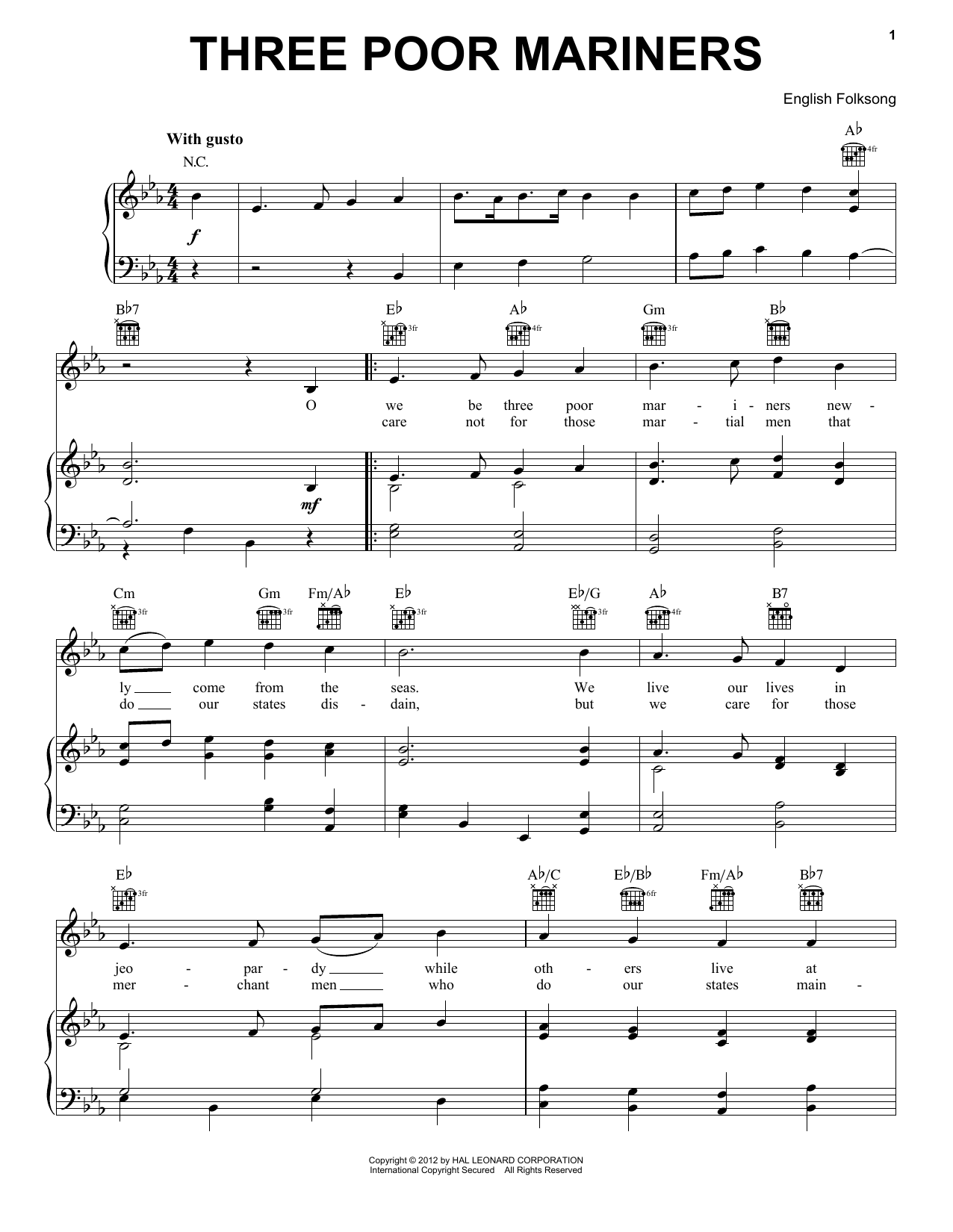 Download Traditional English Folksong Three Poor Mariners Sheet Music