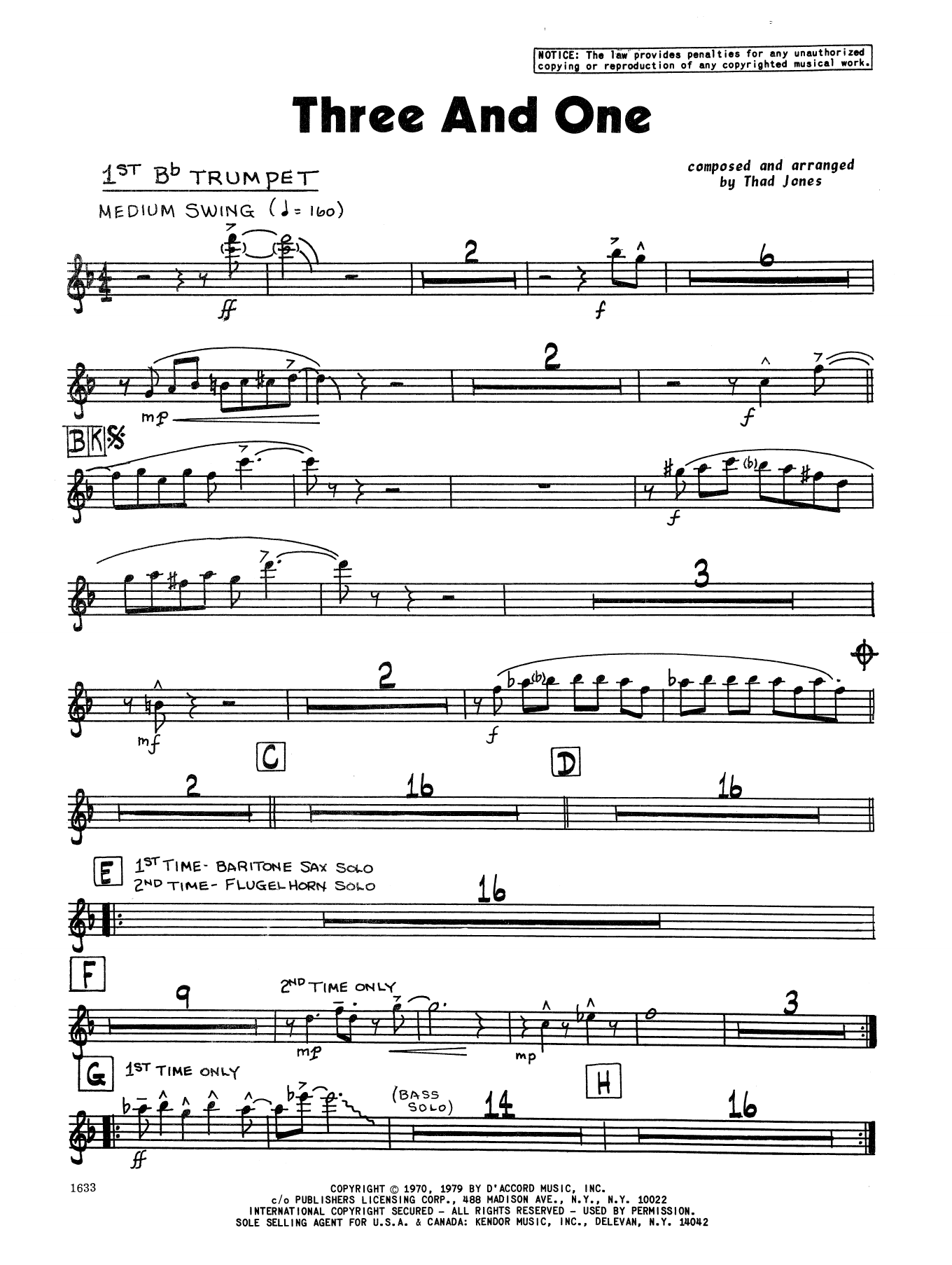 Download Thad Jones Three And One - 1st Bb Trumpet Sheet Music