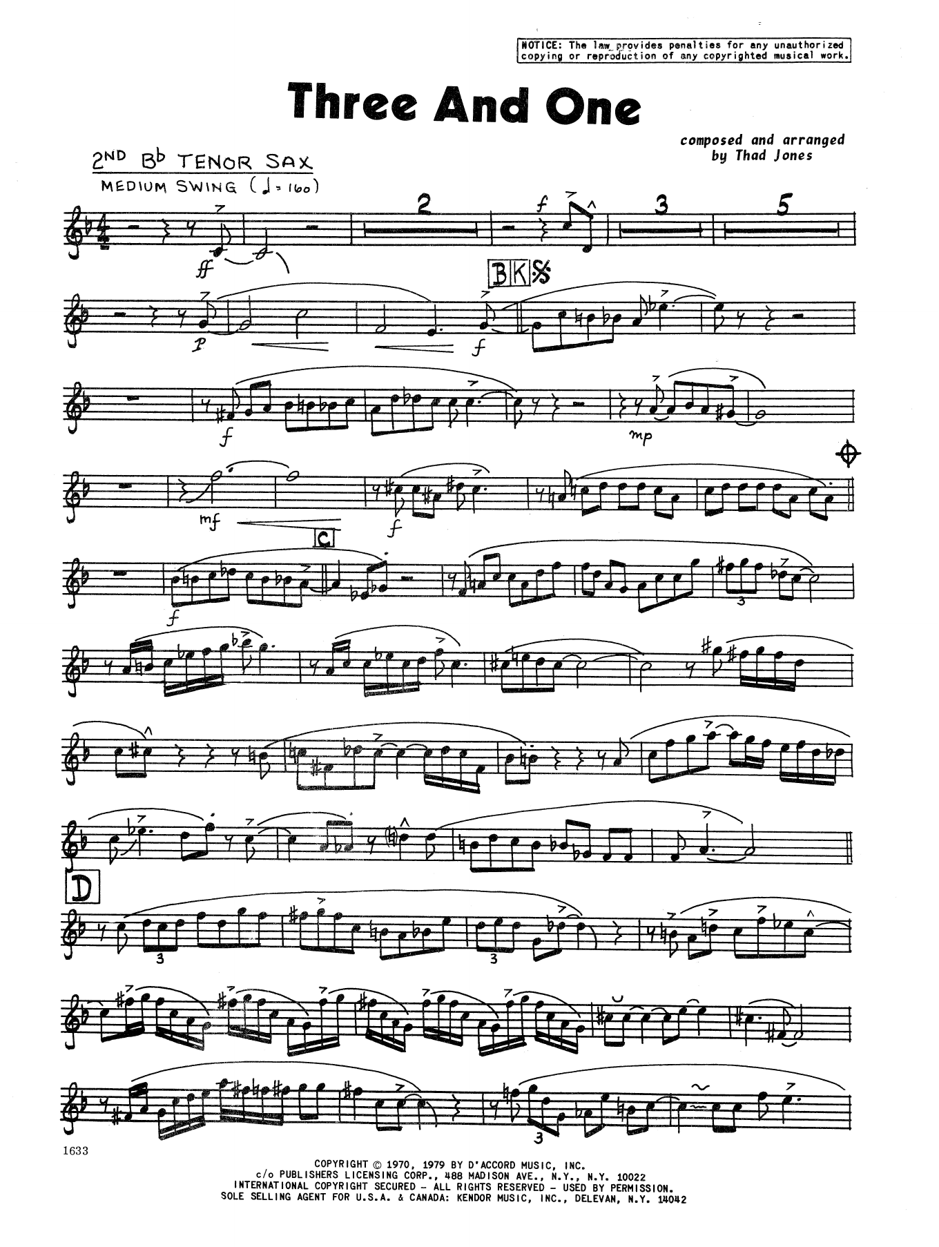 Download Thad Jones Three And One - 2nd Bb Tenor Saxophone Sheet Music