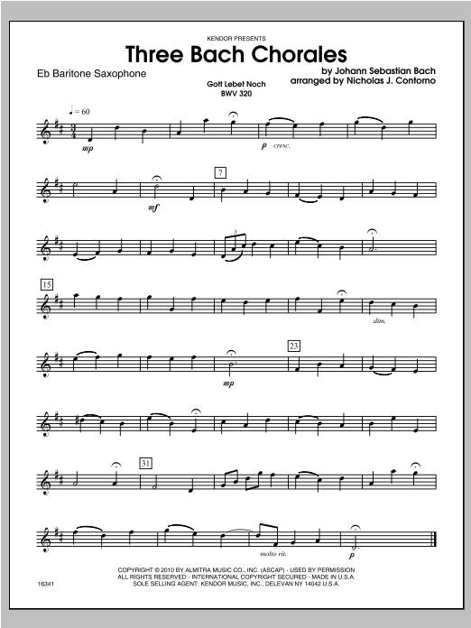 Download Contorno Three Bach Chorales - Baritone Sax Sheet Music
