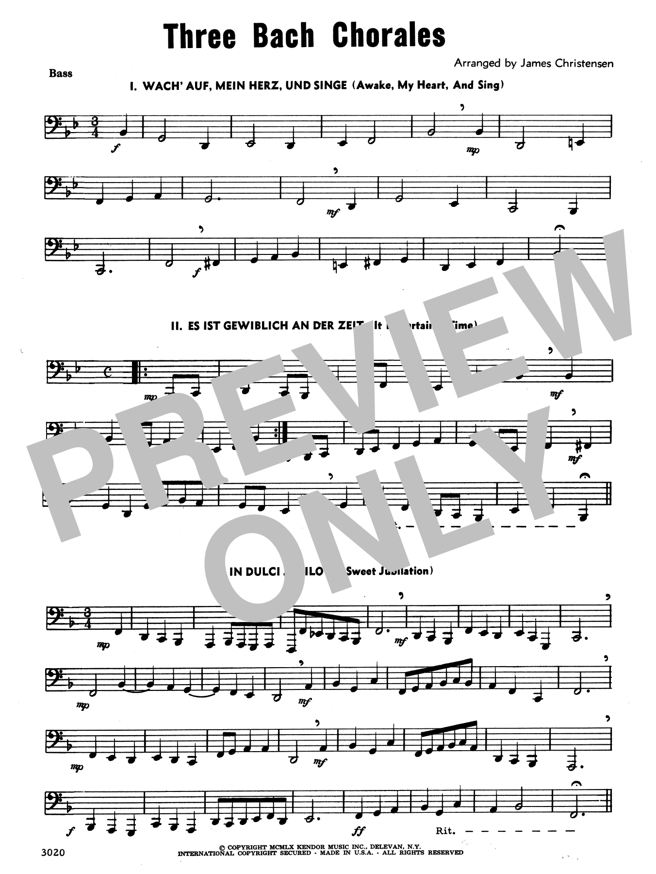 Download James Christensen Three Bach Chorales - Bass Sheet Music