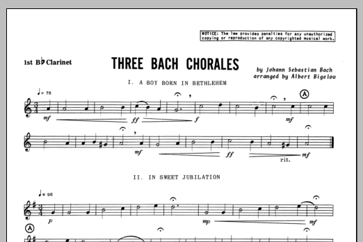 Download Bigelow Three Bach Chorales - Clarinet 1 Sheet Music