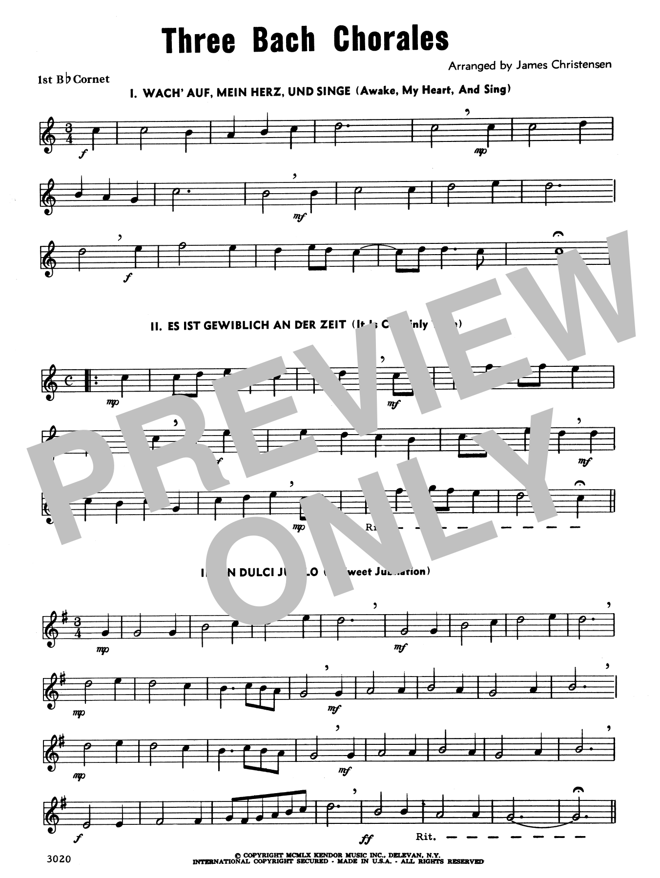 Download James Christensen Three Bach Chorales - Cornet 1 Sheet Music