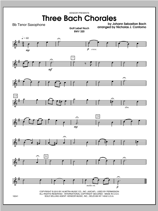 Download Contorno Three Bach Chorales - Tenor Sax Sheet Music
