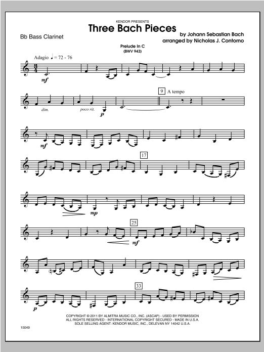 Download Contorno Three Bach Pieces - Bass Clarinet Sheet Music