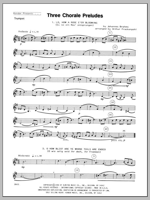 Download Arthur Frackenpohl Three Chorale Preludes - Bb Trumpet Sheet Music