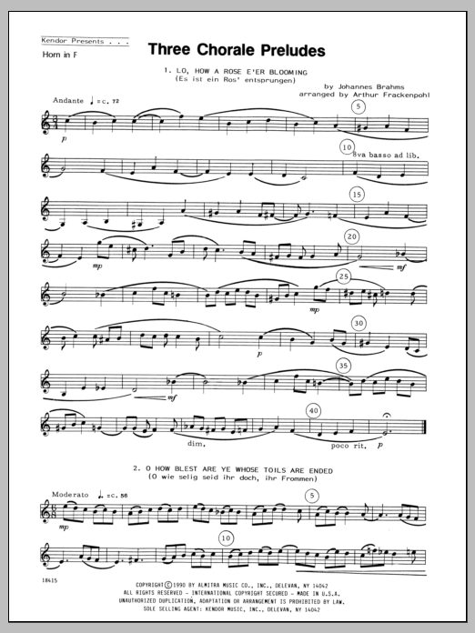 Download Arthur Frackenpohl Three Chorale Preludes - Horn in F Sheet Music