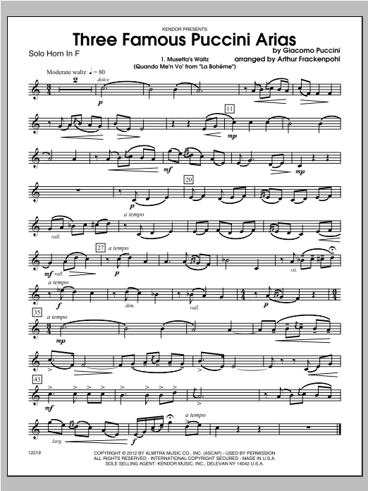Download Frackenpohl Three Famous Puccini Arias - Horn Sheet Music