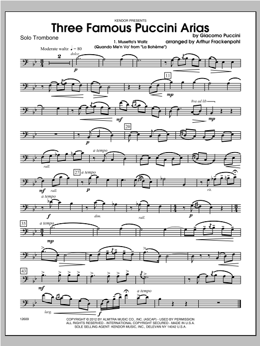 Download Frackenpohl Three Famous Puccini Arias - Trombone Sheet Music