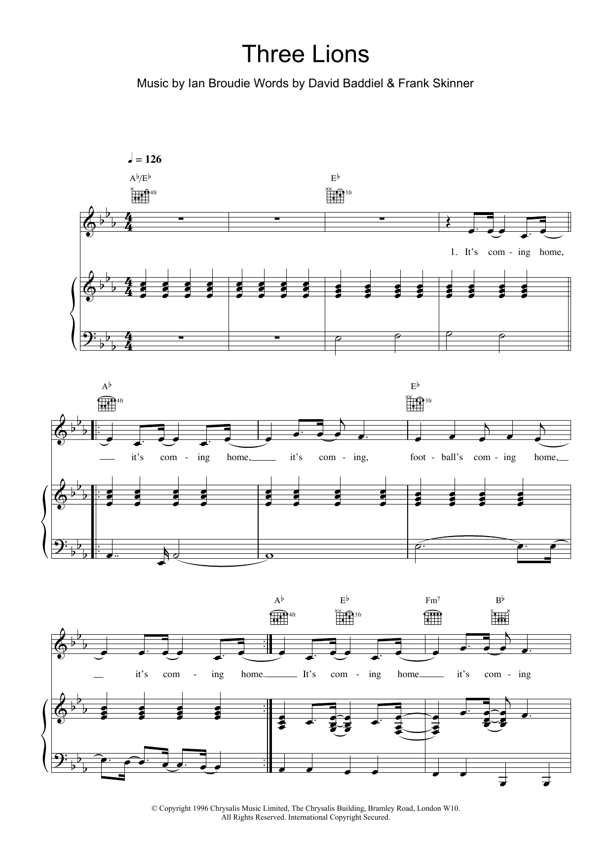 The Lightning Seeds Three Lions sheet music notes printable PDF score